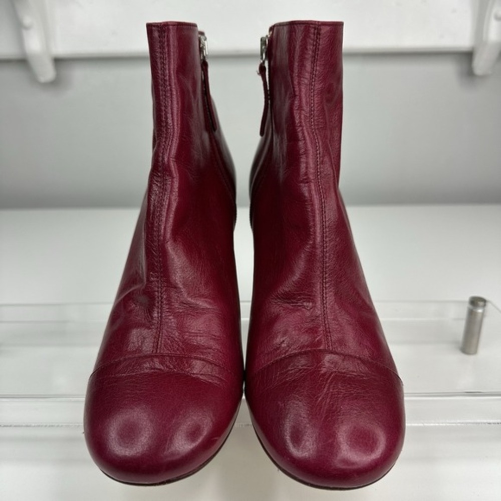 Zara Basic Womens Burgundy Red Leather Block Heel Ankle Boots‎ 37 Spain